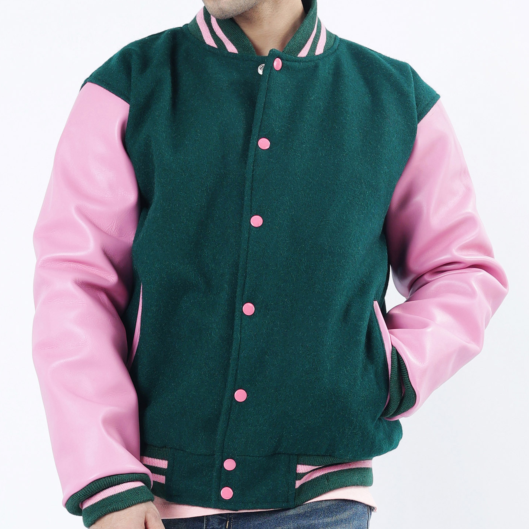 Dark Green Baseball Varsity Letterman Jacket Leather Arms And Wool Body