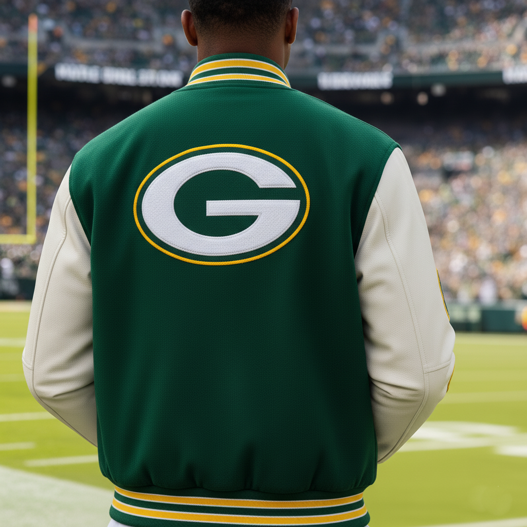 Person wearing a green and white letterman jacket with a large 'G' logo on a football field.