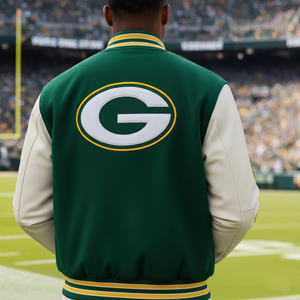 Person wearing a green and white letterman jacket with a large 'G' logo on a football field.