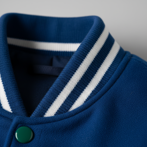 Close-up of a blue sweater with white stripes on the collar against a gray background
