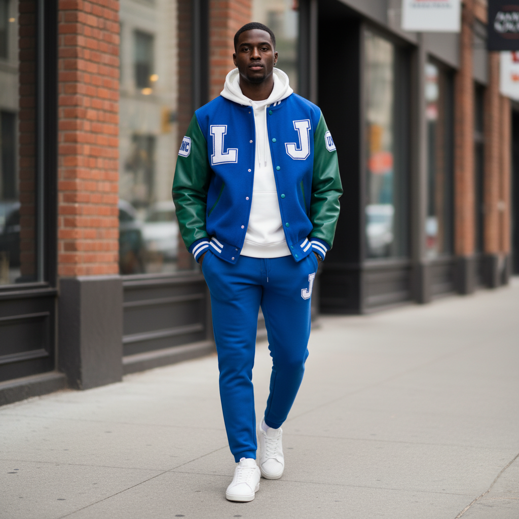 Man wearing a green and blue letterman jacket with 'LJ' on a city street.