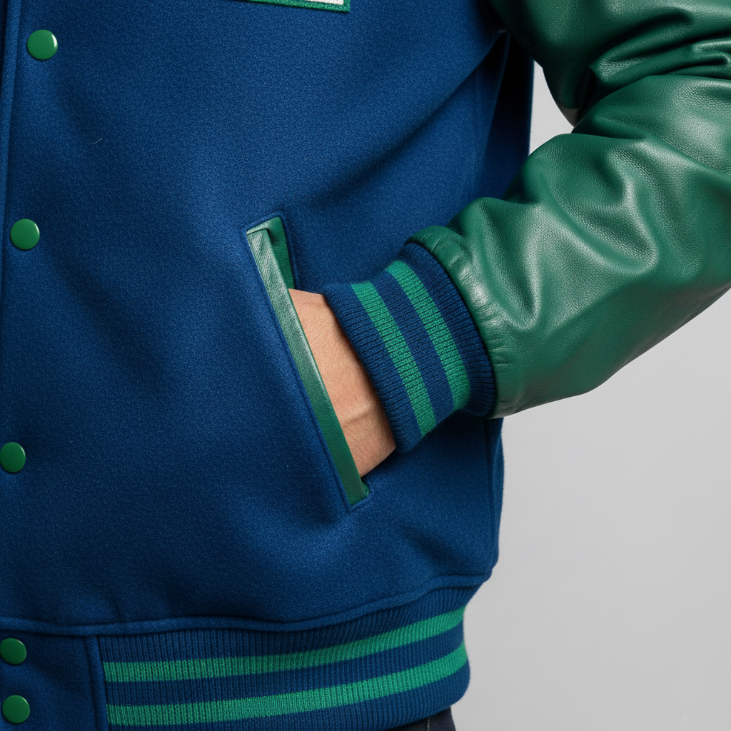 Blue and green varsity jacket with a close-up of the sleeve and pocket.