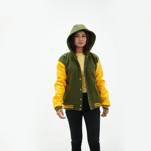 Three-quarter view of green and yellow baseball jacket with adjustable hood and yellow leather sleeves with ribbed trim