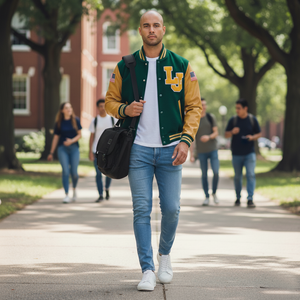 Man in a green and yellow varsity jacket walking on a college campus.