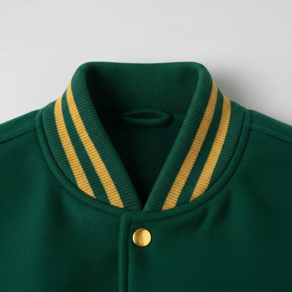 Green jacket with gold striped collar and button on a light gray background