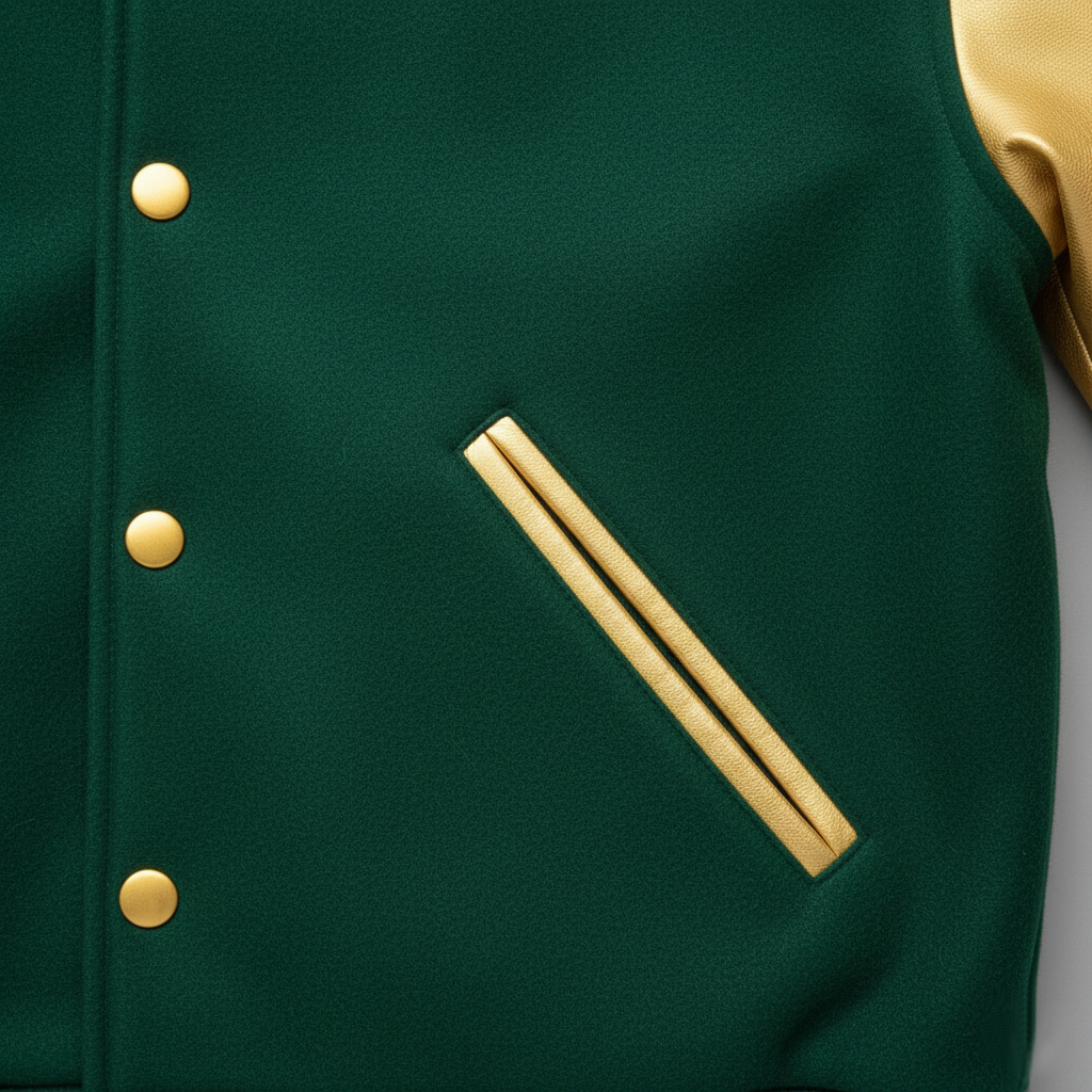 Green jacket with gold buttons and trim on a gray background
