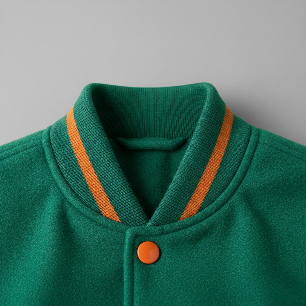 Green jacket with orange trim and button on a gray background
