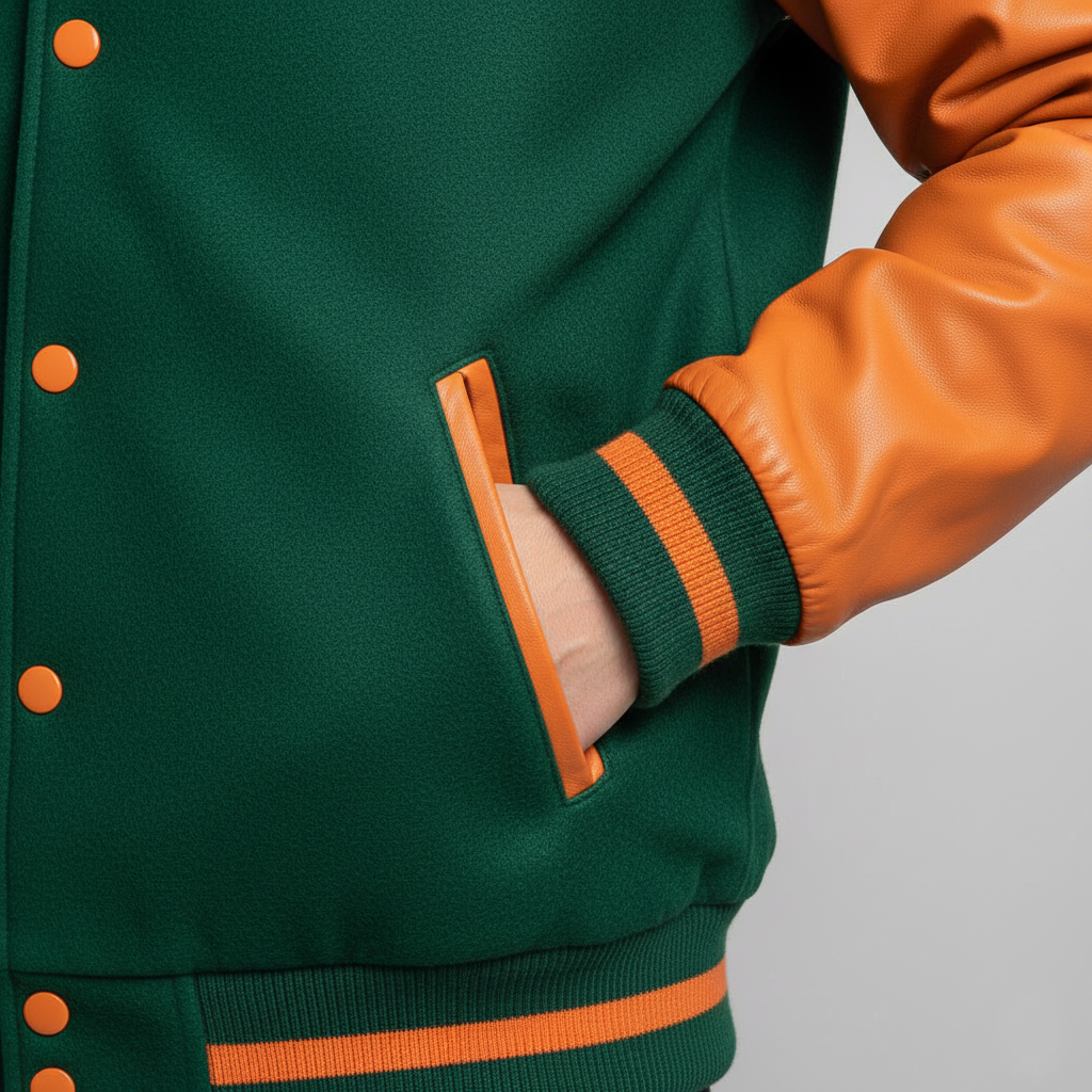 Green varsity jacket with orange accents on a gray background