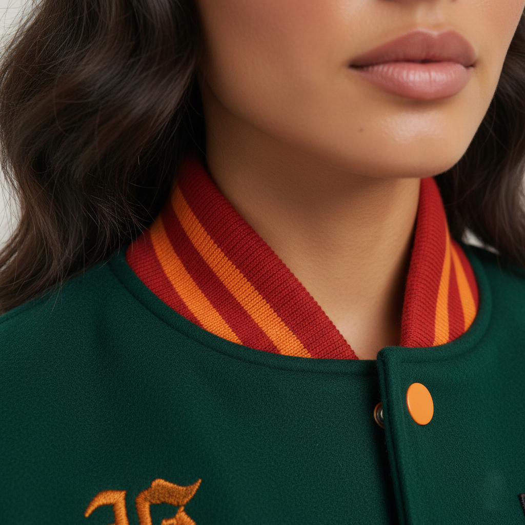 Close-up of a person wearing a green jacket with a red and orange striped collar. 