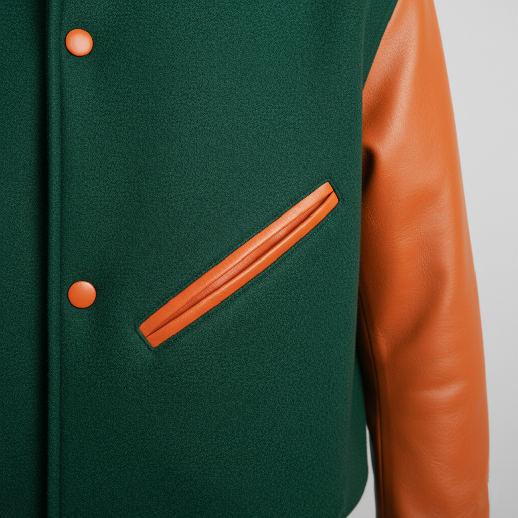 Green jacket with orange leather sleeves and buttons on a light gray background