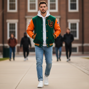 Man wearing a green and orange varsity jacket with a school logo, walking on a sidewalk.