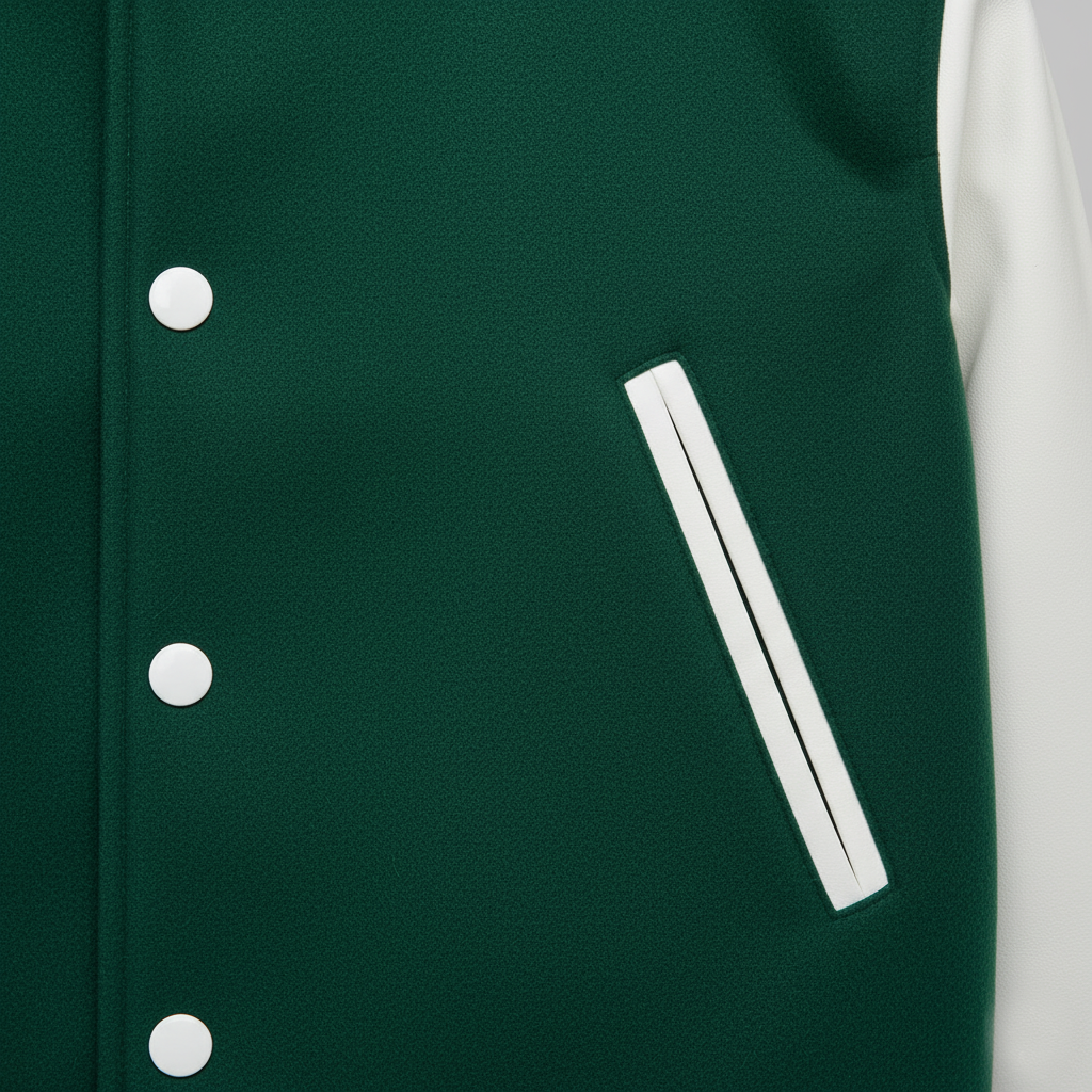 Close-up of a green varsity jacket with white buttons and a pocket.