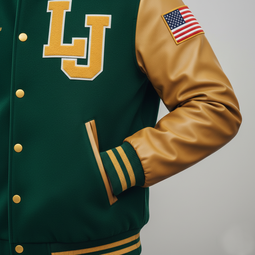 Green and brown letterman jacket with 'LJ' initials and American flag patch on a gray background