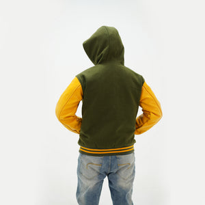 Back view of green and yellow coach jacket with hood showing premium Melton wool construction and varsity design
