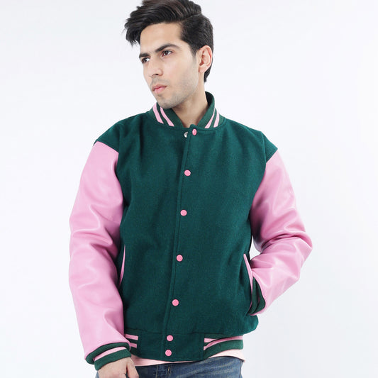 Dark Green Baseball Varsity Letterman Jacket Leather Arms And Wool Body