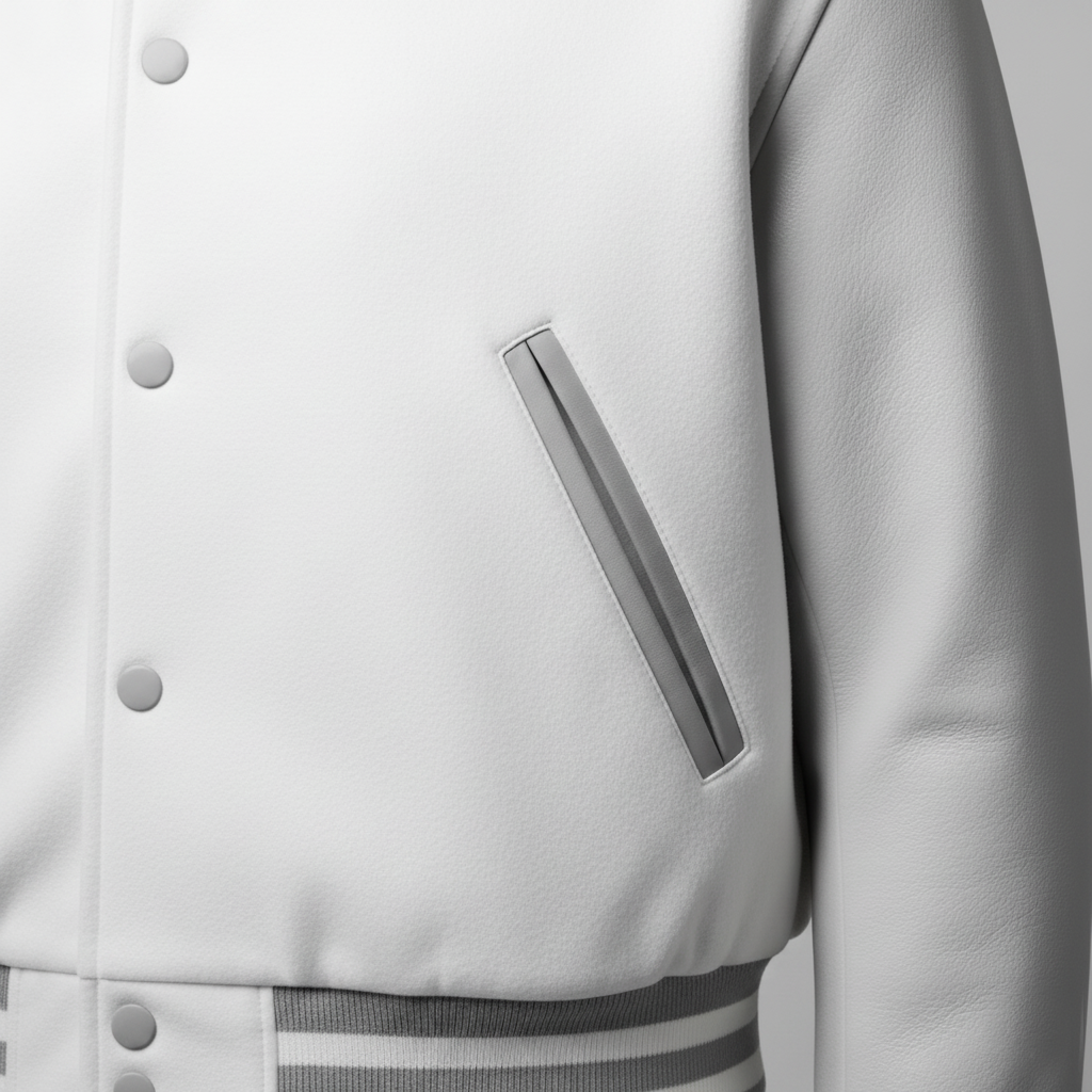 Close-up of a white varsity jacket with a silver emblem on a light gray background