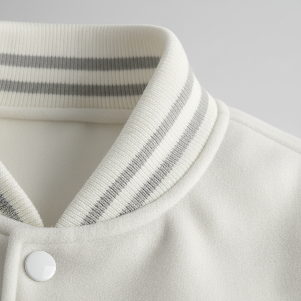 Close-up of a white jacket with a striped collar on a light gray background