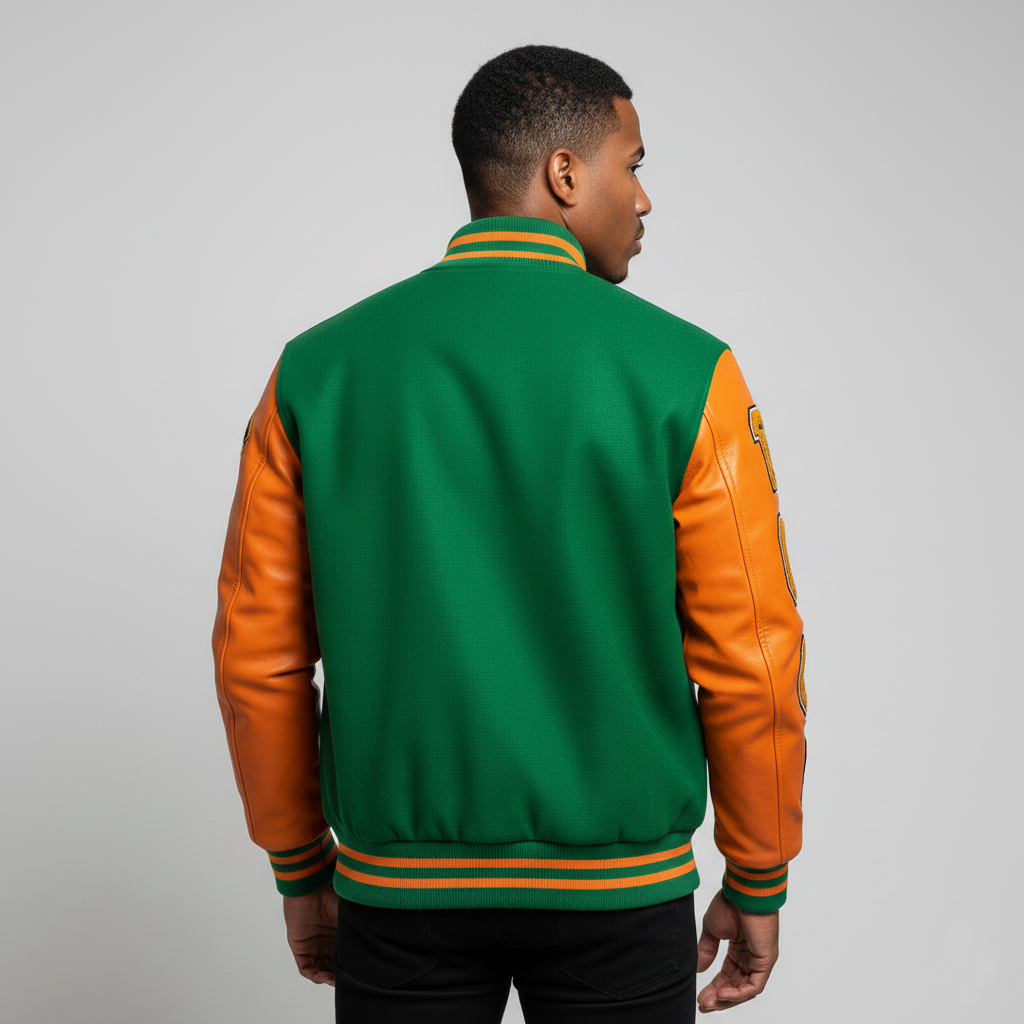 Person wearing a green and orange varsity jacket on a gray background