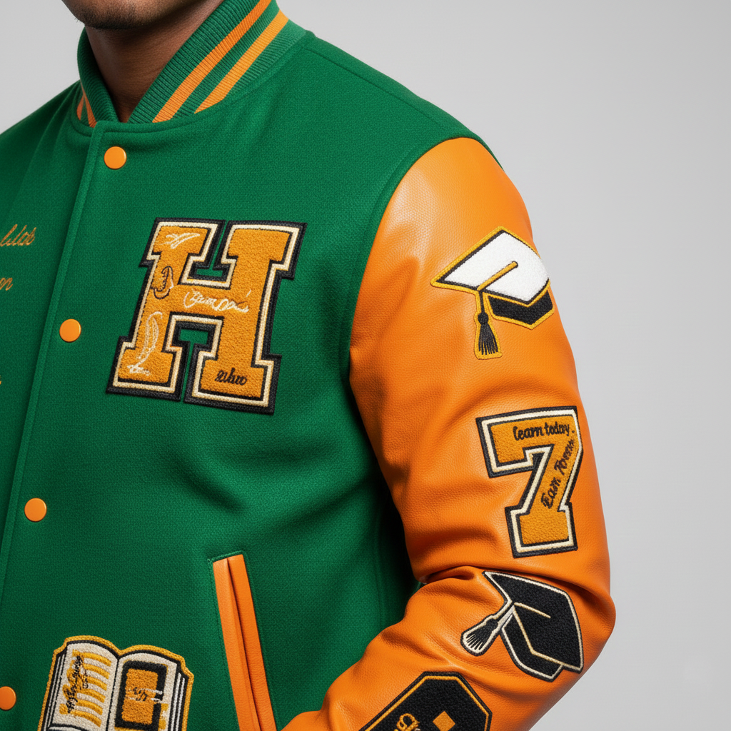 Side angle of H letterman jacket highlighting viscose lining and premium varsity style for sports fans 