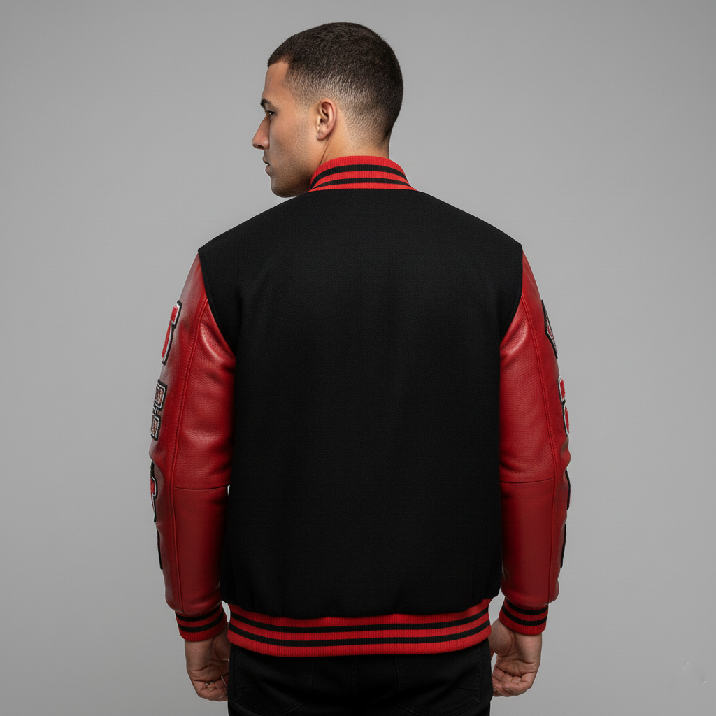 Back view of Heartbreaker varsity jacket featuring chenille patches and snap closure with premium wool construction