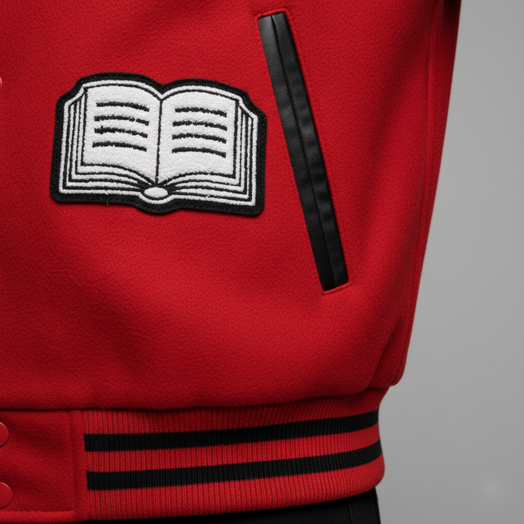 Red jacket with an open book patch on a gray background