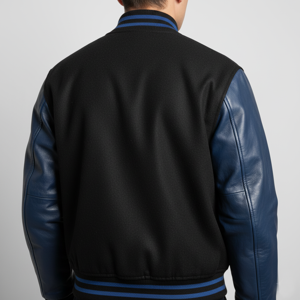 Black and blue varsity jacket on a gray background