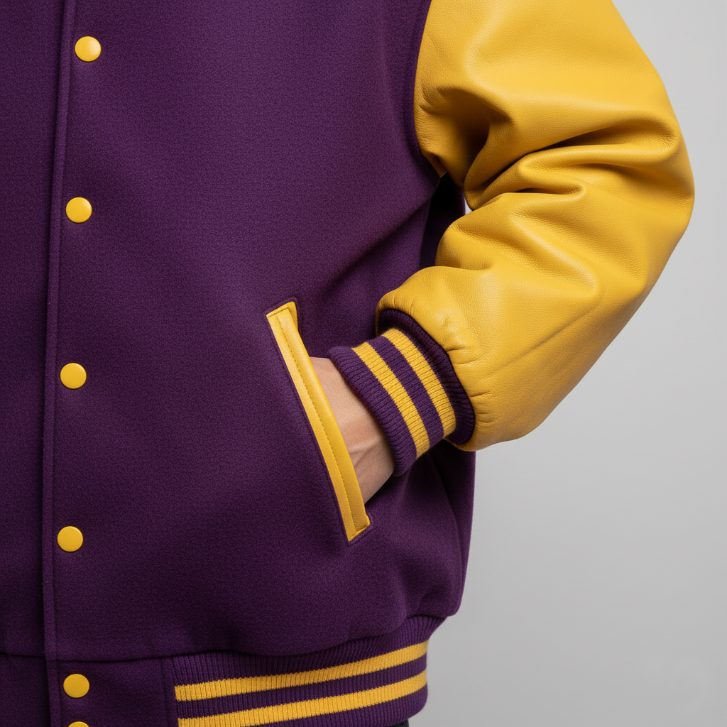Purple and yellow varsity jacket with a gray background