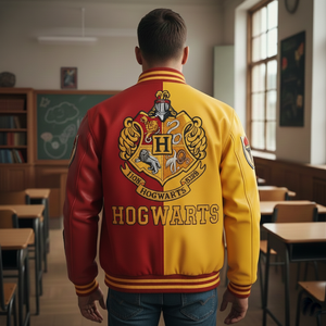 Back view of Hogwarts letterman jacket showing embroidered house crest and premium wool construction for magical style