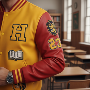 Person wearing a yellow and red varsity jacket with 'H' and number '23' in a classroom setting