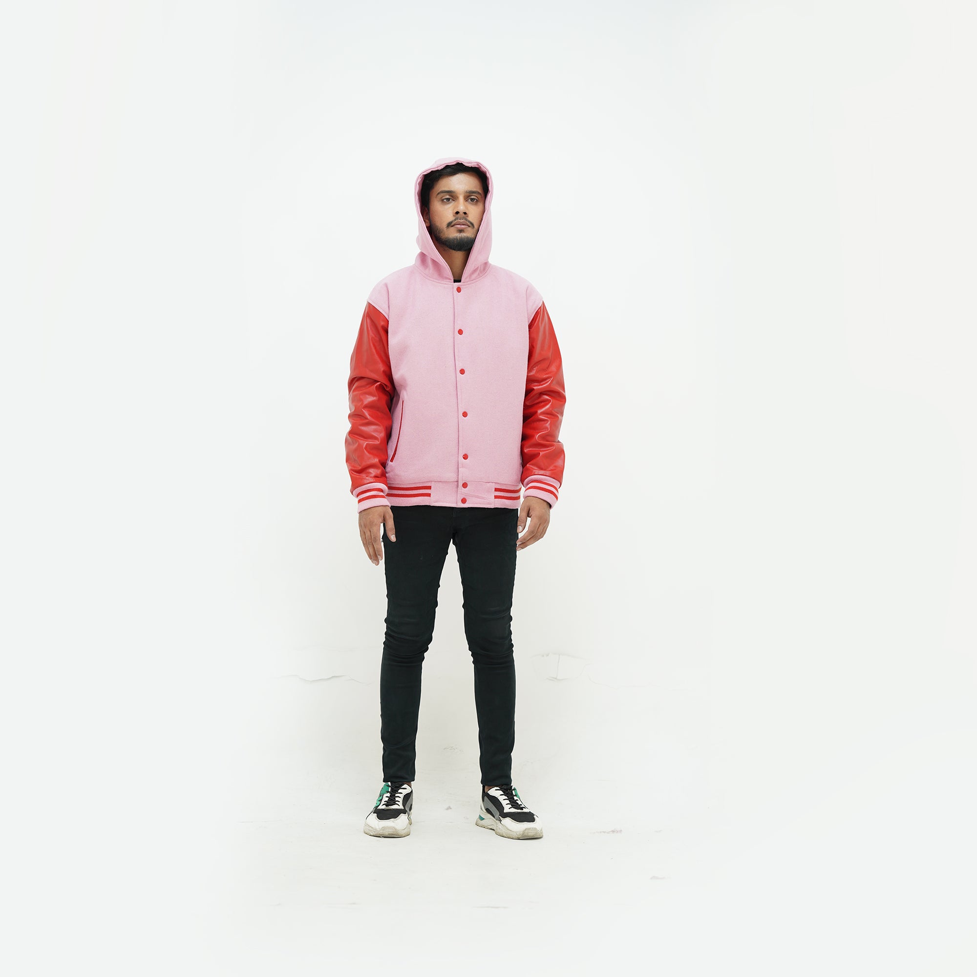 Detailed view of hooded varsity letterman jacket premium wool and leather quality with ribbed trim