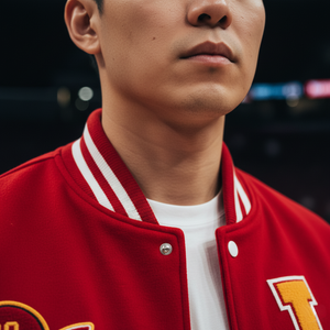 Person wearing a red jacket with white trim and a logo, standing against a dark background.
