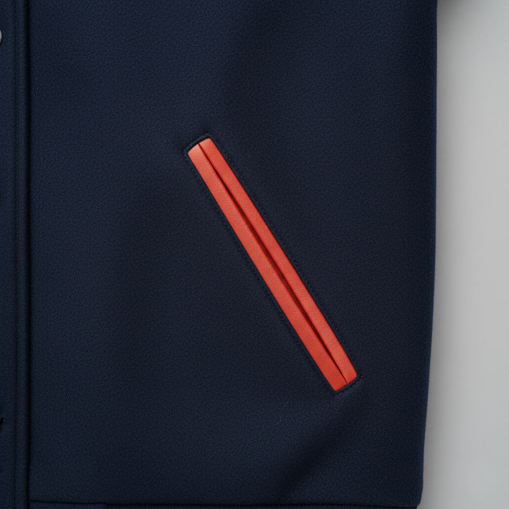 Navy blue shirt with a red stripe on pocket on a light gray background