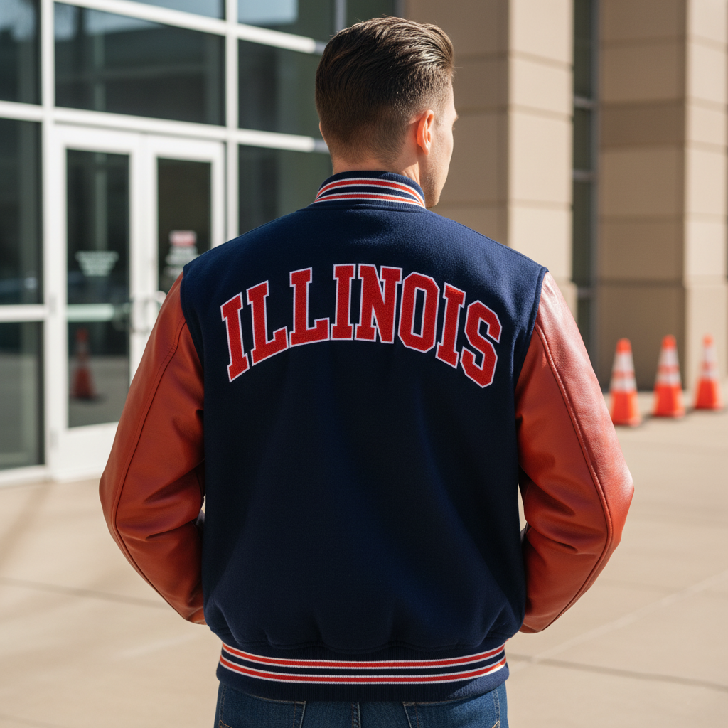 Person wearing a navy letterman jacket with 'ILLINOIS' on the back, standing outdoors.