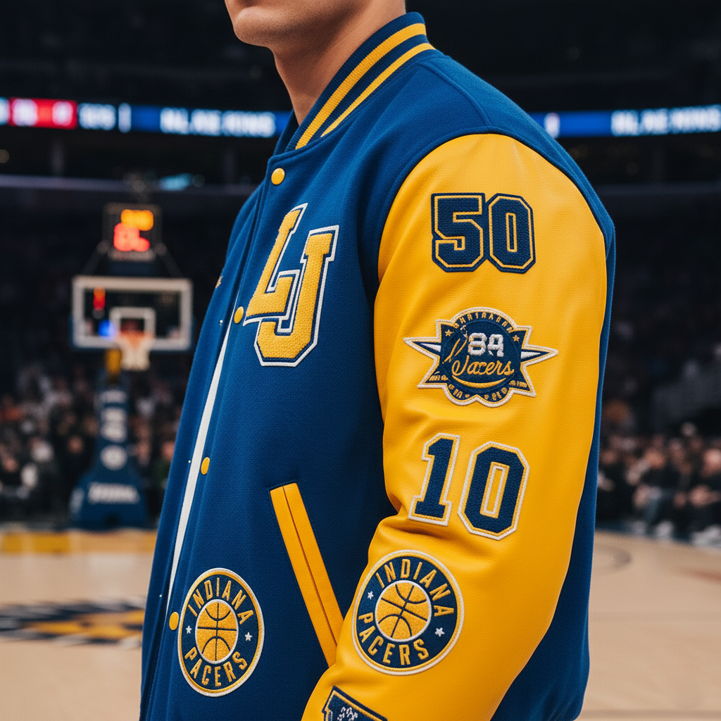 Person wearing a blue and yellow sports jacket with logos on a basketball court background
