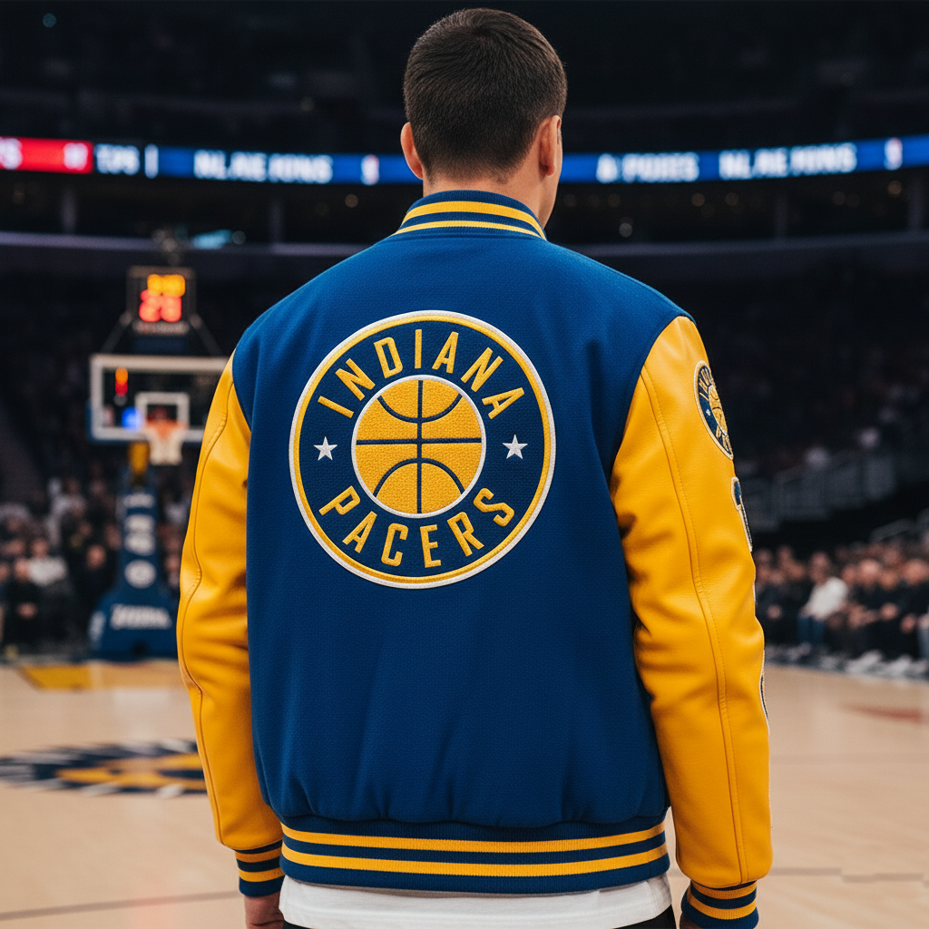 Person wearing an Indiana Pacers jacket on a basketball court