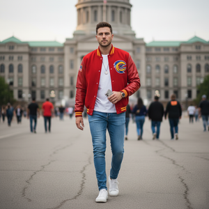 Man wearing a red varsity jacket with a logo, white shirt, blue jeans, and white sneakers standing in front of a large building.