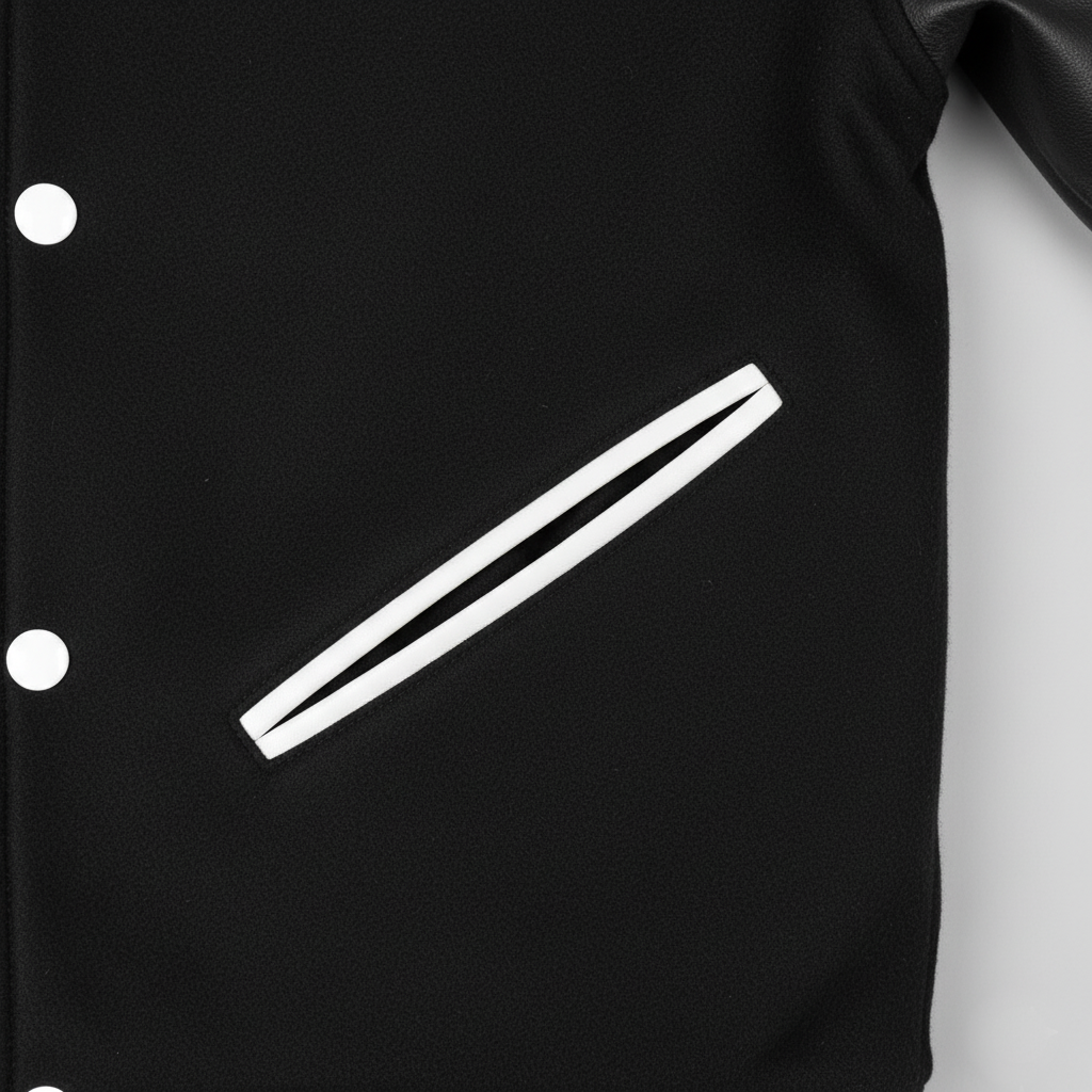 Black letterman jacket with white emblem on a gray background
