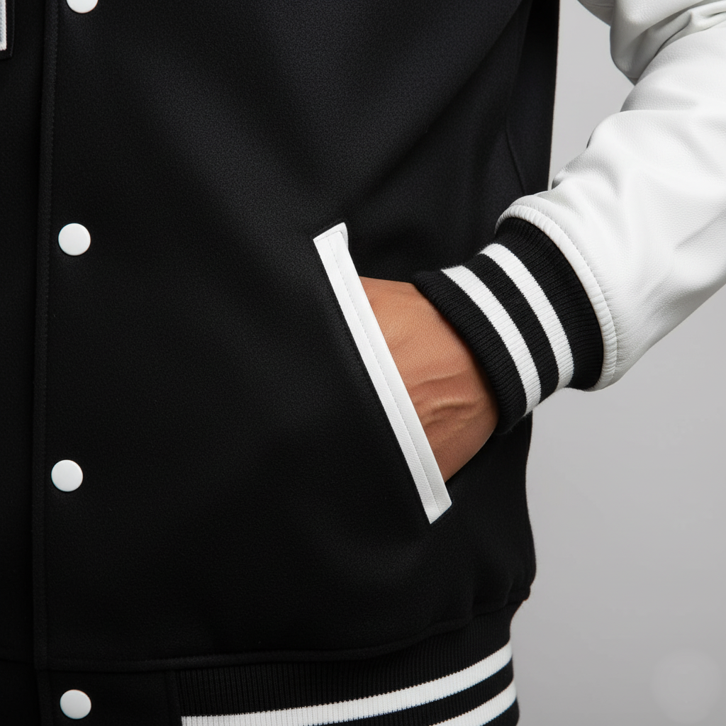 Black varsity jacket with white and black striped sleeves on a gray background