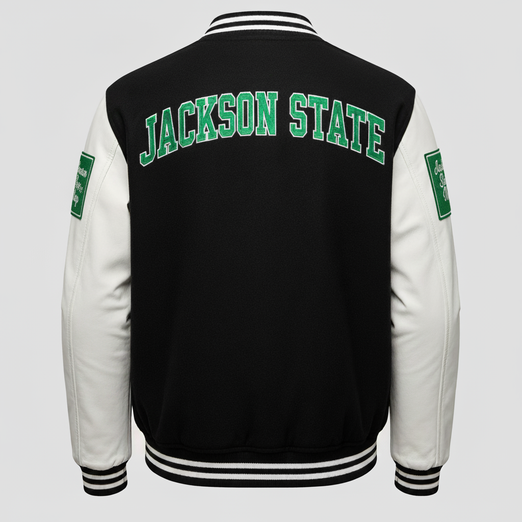 Black and white letterman jacket with 'Jackson State' text on the back against a gray background