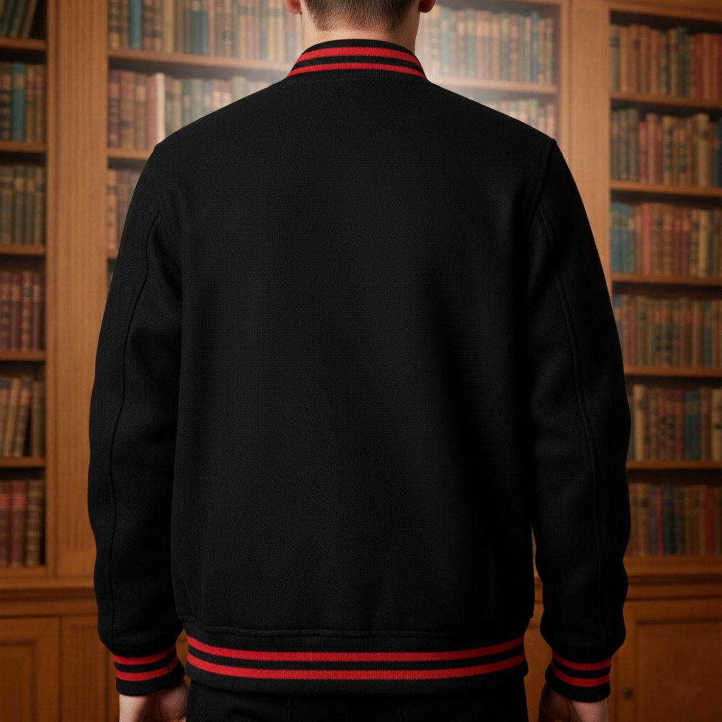 Jordan letterman jacket back detail black wool red stripe 

