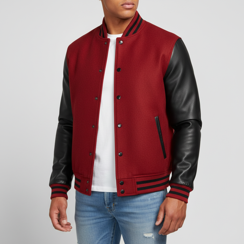 Red varsity jacket with black sleeves worn by a person on a light gray background