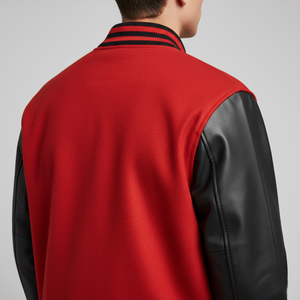 Red and black varsity jacket back on a gray background