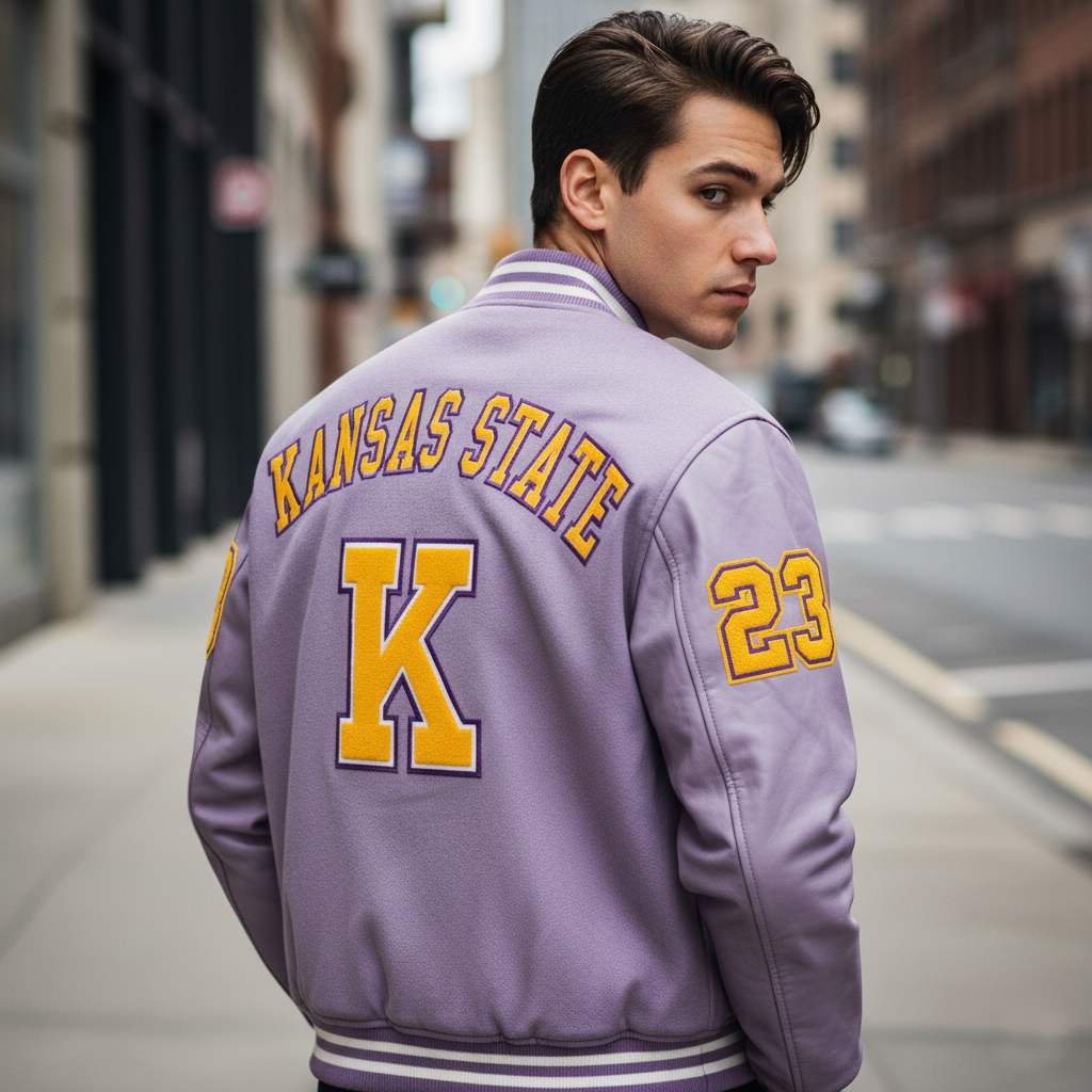Man wearing a Kansas State letterman jacket with number 23 on a city street.