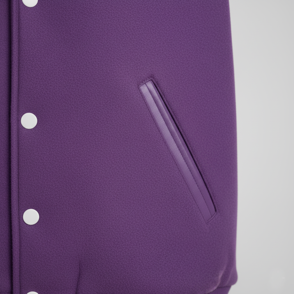 Close-up of a purple garment with a pocket and buttons on a gray background