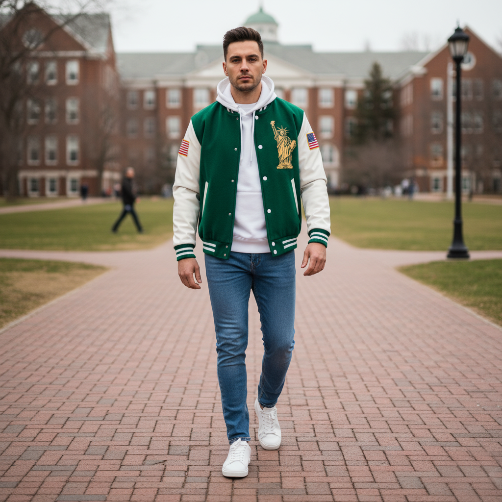 Man wearing a green and white varsity jacket on a brick path with a building in the background