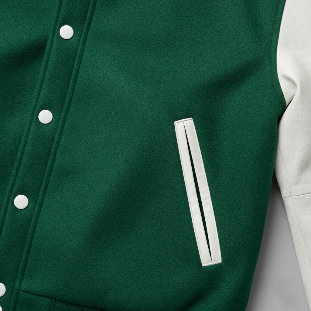 Close-up of a green jacket with white buttons and a white stripe on a light gray background