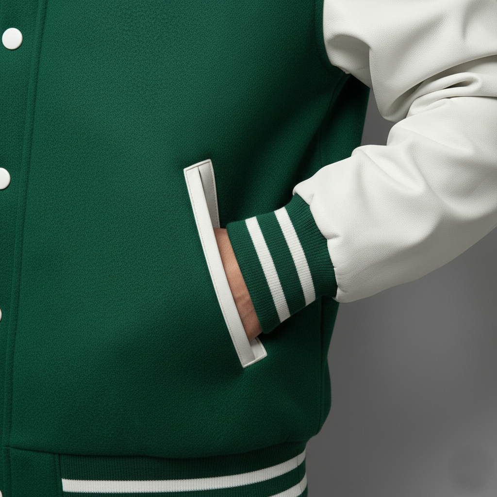 Green varsity jacket with white and green striped sleeves on a gray background