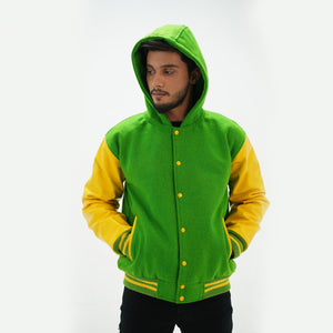 Front view of men's kelly green and yellow hoodie letterman jacket featuring wool body leather sleeves and snap-button fastening