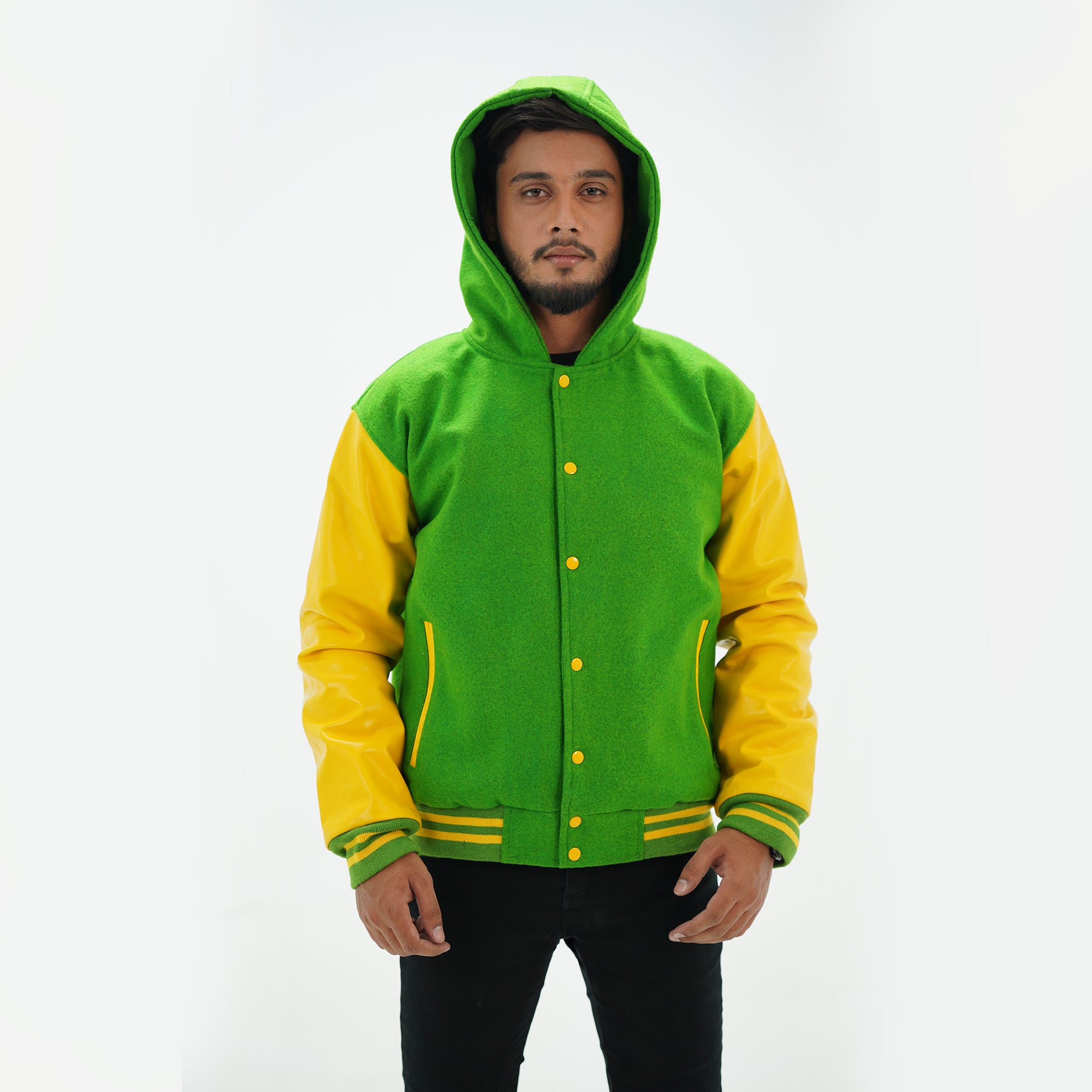Detailed view of men's kelly green hoodie letterman jacket leather-edged pockets and yellow striped ribbing XS-6XL