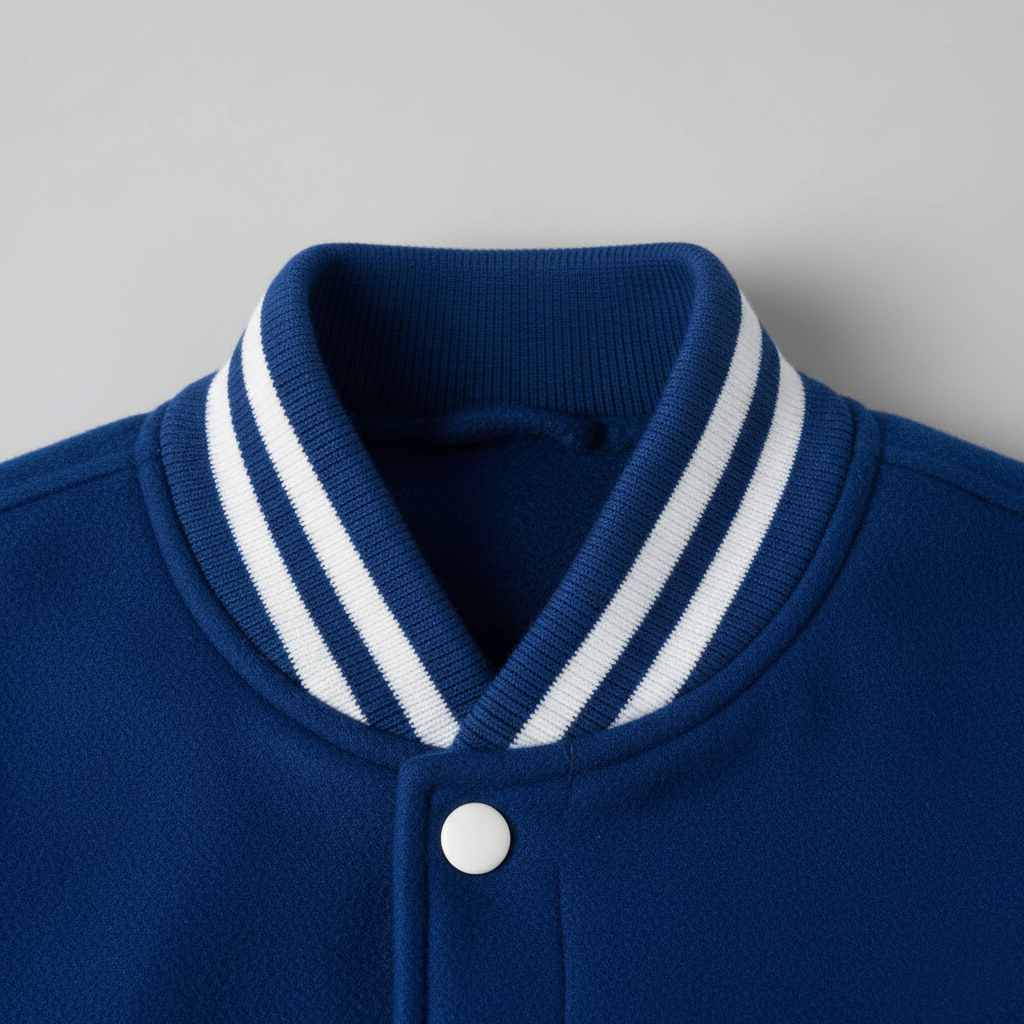Close-up of a blue jacket with a white striped collar on a gray background